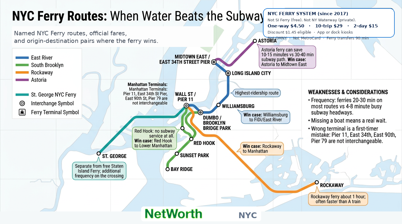 NYC Ferry routes map: East River, South Brooklyn, Rockaway, Astoria, and St. George lines, with official one-way fare $4.50 and win cases where ferry beats the subway